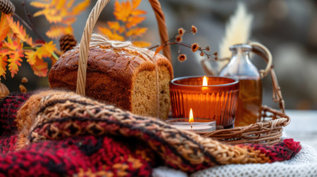 A charming autumn scene featuring freshly baked bread, glowing candles, and colorful leaves, all surrounded by cozy textiles, evoking warmth and togetherness.の素材