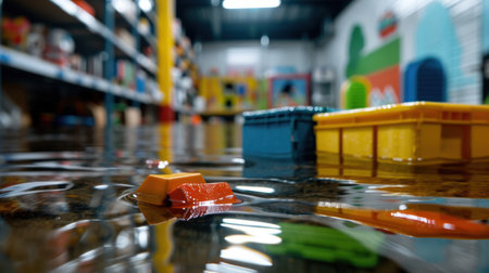 A vibrant scene of colorful plastic toys floating in water within a flooded indoor play area, showcasing a playful yet chaotic environment for children.の素材