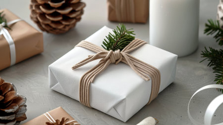 A beautifully wrapped Christmas gift in white paper, tied with natural fiber, surrounded by pine cones and a candle, creating a warm holiday atmosphere.の素材