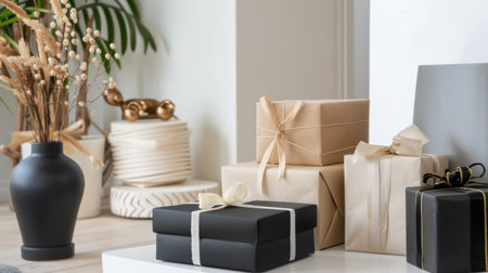 A sophisticated display featuring an assortment of gift boxes wrapped in elegant paper, complemented by decorative accents in a contemporary interior setting.の素材