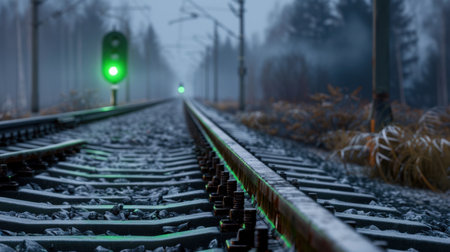 A serene view of railway tracks leading into a misty distance with a green signal light. Snow and fog create a peaceful winter atmosphere, perfect for travel themes.の素材