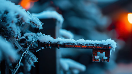 A close-up shot of a vintage key hanging from a frosty chain, adorned with a layer of snow, radiating a warm glow from lights in the background during a serene winter night.の素材