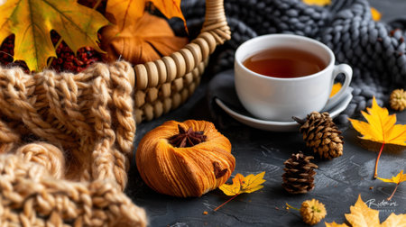 This cozy autumn still life features a cup of tea, soft yarn, and a knitted scarf, surrounded by vibrant leaves and pinecones, perfect for seasonal inspiration.の素材