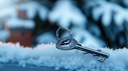 A heart-shaped vintage key rests on a snowy surface, adorned by frosty details and a gentle blue background, creating a serene winter atmosphere.の素材
