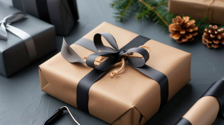 A beautifully wrapped gift in luxurious paper with a black ribbon, surrounded by pine cones and greenery, perfect for holiday celebrations and special occasions.の素材