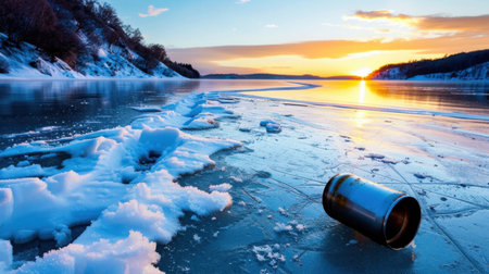A stunning winter scene featuring a frozen river at sunset. A discarded can illustrates environmental concerns while highlighting nature's beauty.の素材