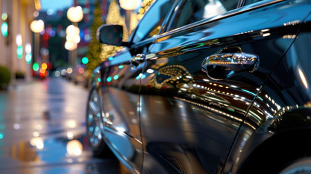 A luxury car capturing reflections of city lights on its sleek surface in a vibrant urban setting decorated for the festive season at night.の素材