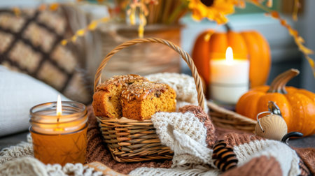 This inviting autumn scene features delicious pumpkin bread in a woven basket, warm candlelight, and seasonal decorations that create a cozy atmosphere.の素材