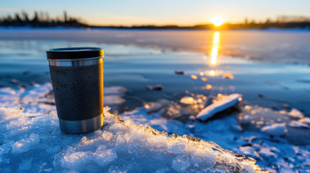 A picturesque winter scene featuring a hot beverage mug resting on icy shores at sunrise, casting beautiful reflections across the tranquil lake.の素材