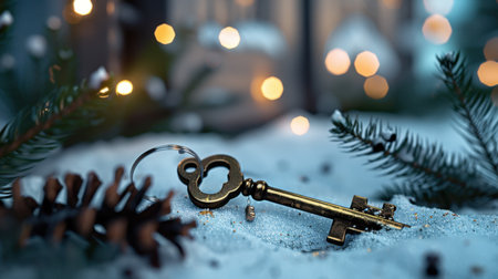A beautiful vintage key rests on a snowy surface, surrounded by pine cones and soft glowing Christmas lights, creating a serene winter scene.の素材