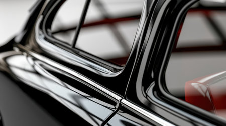 A striking close-up view of a vintage car window showcases its glossy finish and clean lines, reflecting the contemporary showroom environment beautifully.の素材