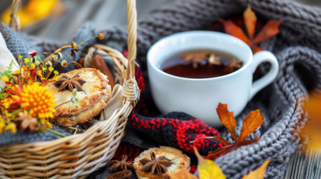 A cozy autumn scene featuring a cup of tea, freshly baked cookies in a basket, vibrant flowers, and a warm blanket, all set on a rustic wooden table.の素材
