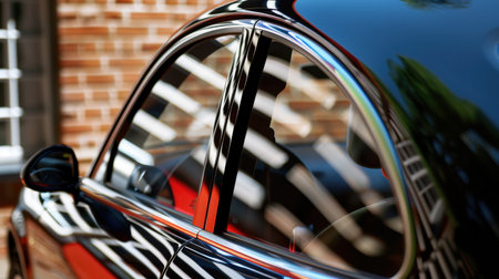 This striking image features a side profile of a glossy car, with reflections playing across its exterior and intricate details that enhance its elegance.の素材