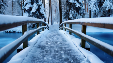 A tranquil winter scene featuring a snow-covered wooden bridge amidst tall pine trees. The frozen lake reflects the serene beauty of nature, inviting exploration.の素材