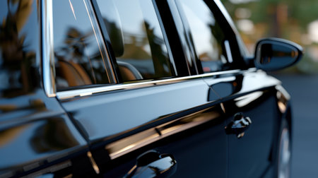 This close-up image showcases a sleek black car with a glossy finish, highlighting its reflective surface and modern design in a natural setting.の素材