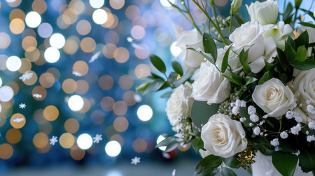 This elegant bouquet features fresh white roses arranged beautifully, with a soft bokeh effect from a blurring Christmas tree in the background, evoking warmth and celebration.の素材