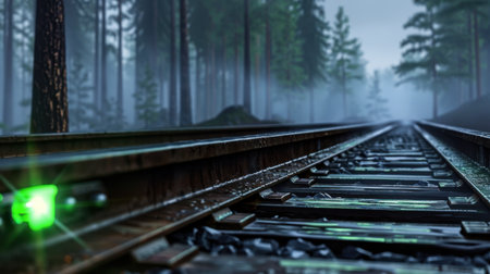 A serene view of railroad tracks disappearing into a misty forest, enveloped by towering pine trees and a tranquil atmosphere, perfect for contemplation.の素材