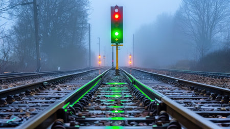 A serene railway scene captures fog enveloping the tracks, illuminated by vibrant signal lights. The perspective draws the eye towards the horizon, evoking a sense of tranquility and adventure in an atmospheric setting.の素材