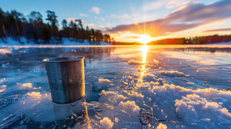 A striking metal cup sits atop a frozen lake, capturing the radiant colors of sunrise. The serene winter landscape offers a peaceful view, inviting reflection.の素材
