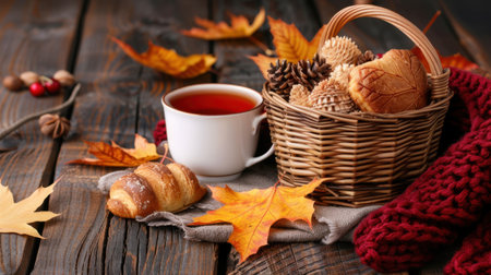 Experience a cozy autumn atmosphere featuring a cup of tea, a croissant, and decorative elements like leaves and pinecones on a rustic table.の素材