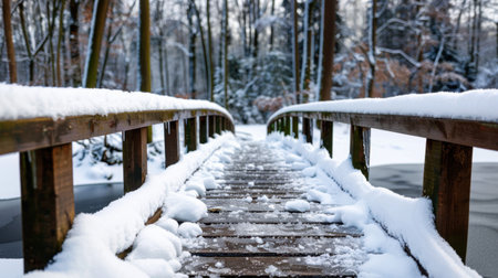 A peaceful winter scene featuring a snow-covered wooden bridge leading through a tranquil forest, surrounded by trees and serene surroundings.の素材