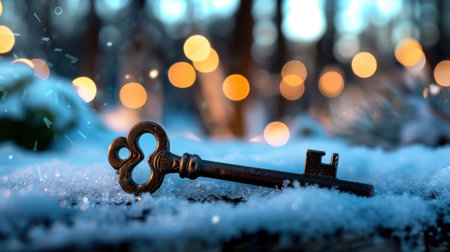 A vintage key resting on a bed of snow creates a sense of mystery amidst a beautiful winter scene, enhanced by soft bokeh lights in the background.の素材