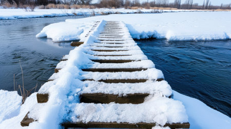 A picturesque view of a snow-covered pathway leading across a frozen river, framed by a serene winter landscape with gently falling snow and distant trees.の素材