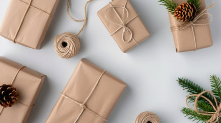 A beautifully arranged collection of brown gift boxes wrapped in twine and adorned with pine cones, perfect for a minimalist holiday aesthetic.の素材