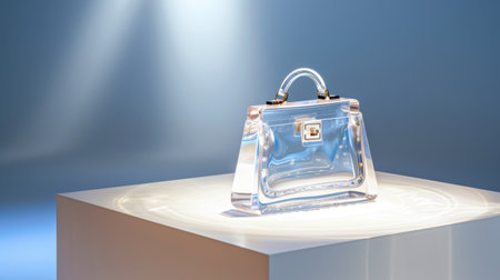 This stunning transparent handbag is elegantly positioned on a white pedestal, showcasing its modern design under soft, atmospheric lighting.の素材