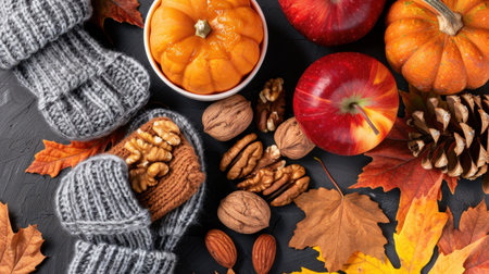 A vibrant autumn arrangement featuring pumpkins, apples, assorted nuts, and colorful leaves on a dark wooden background, evoking warmth and coziness.の素材