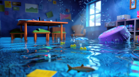 A flooded room captured in vivid detail, showcasing the chaos of waterlogged furniture and floating objects, bubbles rising, and sunlight streaming through a window.の素材