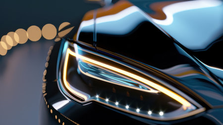 This close-up image showcases a modern car headlight with vibrant reflections on a sleek black surface. Ideal for automotive enthusiasts and designers.の素材