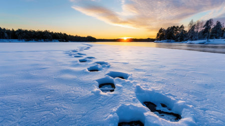 A stunning winter scene showcases a frozen lake at sunset, with footprints leading into the tranquil snow, illuminated by soft hues of orange and blue.の素材