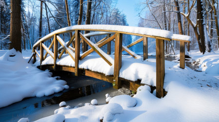 Beautiful wooden bridge covered in a thick layer of snow creates a serene scene in a winter landscape. The surrounding frosty trees and calm stream enhance the tranquil atmosphere of nature.の素材