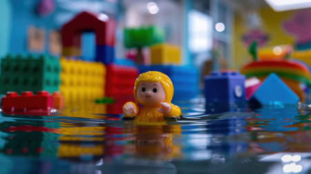 A charming scene featuring a child in a colorful water play area surrounded by vibrant LEGO blocks. This image captures the joy and creativity of playtime.の素材