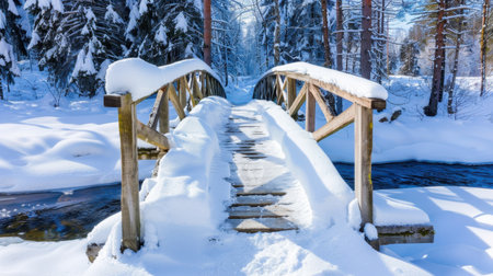 A serene scene of a snow-covered wooden bridge crossing a gentle stream, framed by tall pine trees, creating a peaceful winter landscape.の素材