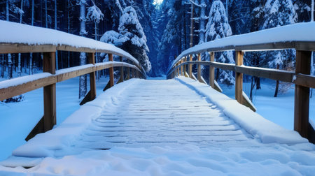 A picturesque snowy bridge leads through a serene winter forest, surrounded by tall pine trees. The soft blue light of dusk creates a tranquil atmosphere.の素材
