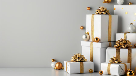 A serene arrangement of elegant white gift boxes adorned with gold ribbons, complemented by shiny ornaments, perfect for holiday celebrations and festive decor.の素材