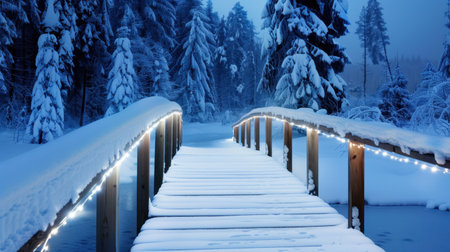 A beautifully serene winter scene showcases a snow-covered bridge adorned with glowing lights, nestled in a tranquil forest filled with snow-laden trees.の素材