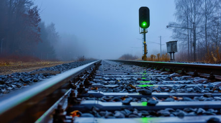 Embrace the serene beauty of a foggy railway track featuring a green signal light. The reflective rails extend into the misty distance, creating a tranquil atmosphere that captures a moment of solitude and mystery. Perfect for themes of travel and adventure.の素材