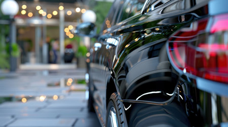An elegant black car parked at a luxurious hotel entrance, surrounded by soft bokeh lights. Perfect for themes of travel, luxury, and automotive aesthetics in contemporary settings.の素材