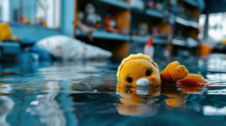 An abandoned toy duck floats serenely in murky water, symbolizing loss and nostalgia in a chaotic, flooded interior space filled with forgotten memories.の素材