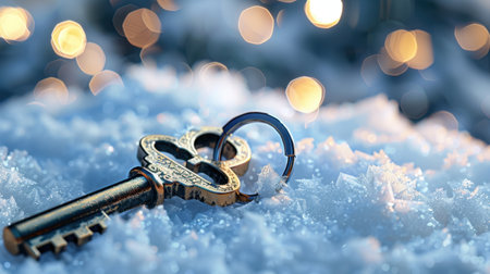 A vintage key rests on a bed of fresh snow, illuminated by soft, twinkling holiday lights, creating a magical and nostalgic winter scene.の素材