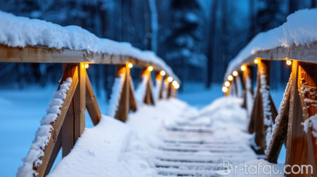 This enchanting image showcases a wooden bridge adorned with warm lights, surrounded by a serene winter wonderland and gently falling snowflakes.の素材
