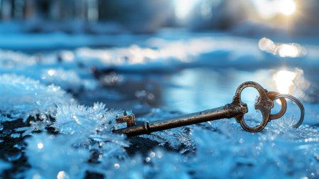 A vintage key rests among delicate frost and ice crystals, creating a stunning visual juxtaposition in a tranquil winter landscape, evoking mystery.の素材