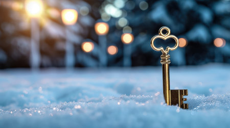 A stunning close-up image of a golden vintage key perched delicately on fresh snow, with soft bokeh lights creating a dreamy background atmosphere.の素材