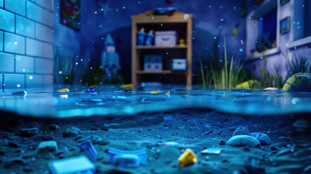 This artistic representation depicts a flooded room filled with debris and toys, creating a surreal underwater scene that evokes curiosity and imagination.の素材