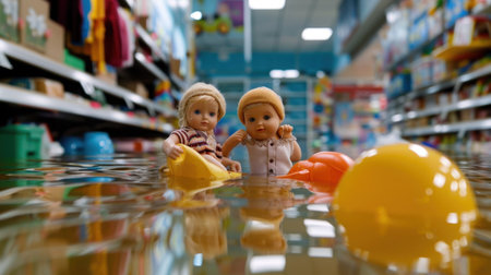 Two adorable dolls are seen bravely navigating a flooded toy aisle, surrounded by colorful plastic toys, creating a whimsical and playful retail scene.の素材