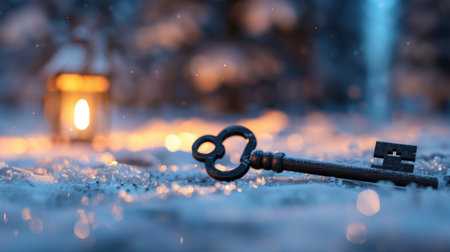 A vintage key lies on a snowy surface, illuminated by a glowing lantern in a tranquil winter night setting, evoking mystery and nostalgia.の素材