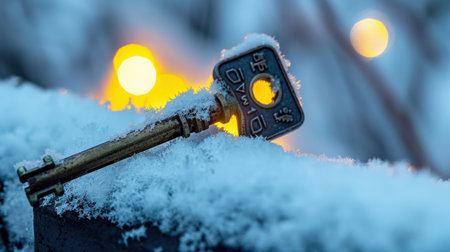 A vintage key rests atop a snow-covered surface, surrounded by a serene winter atmosphere. Blurred warm lights create a magical backdrop, enhancing the chilly scene.の素材